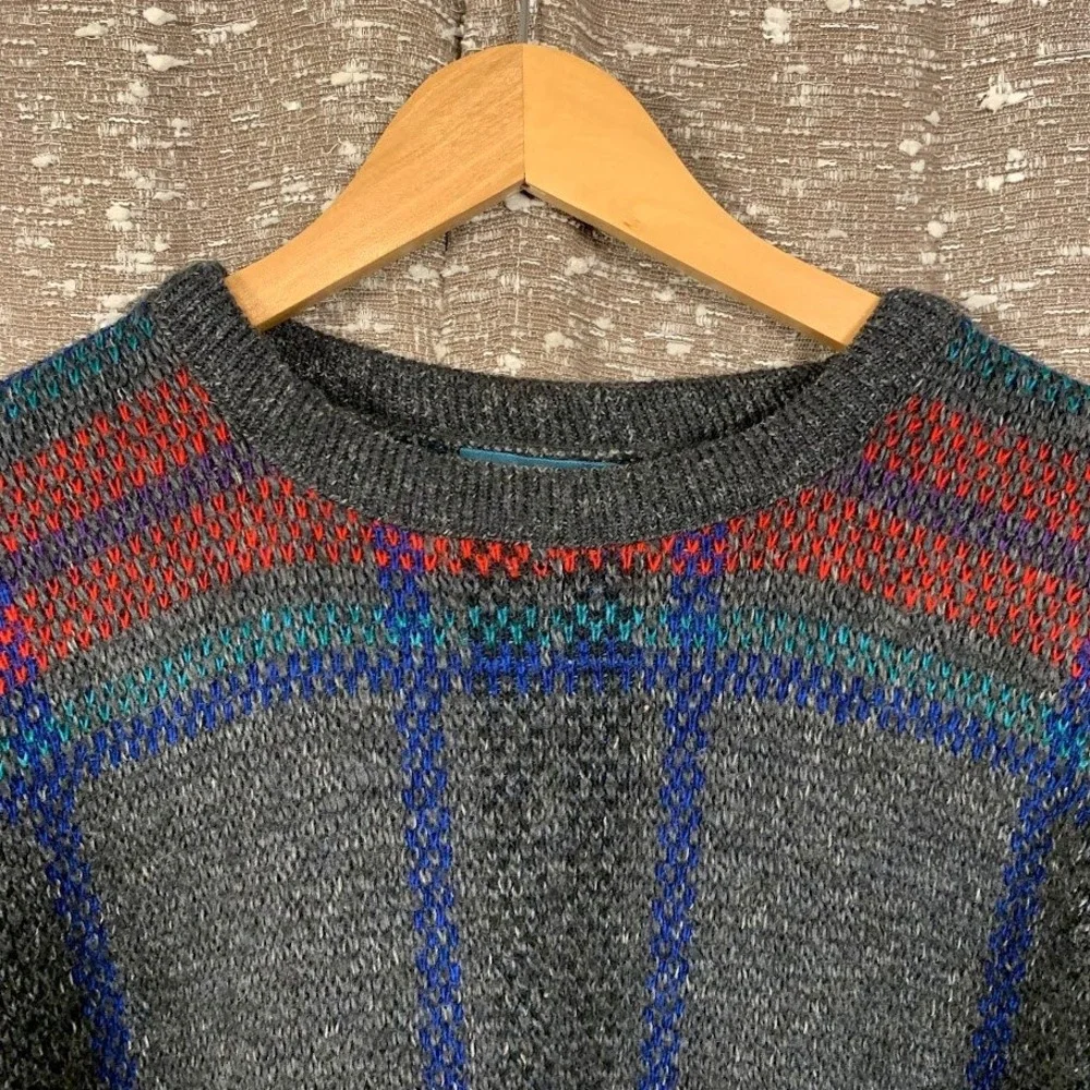 Vintage Jantzen Plaid Knit Sweater Mens Large Gray Multicolor 90s Grunge Slouchy